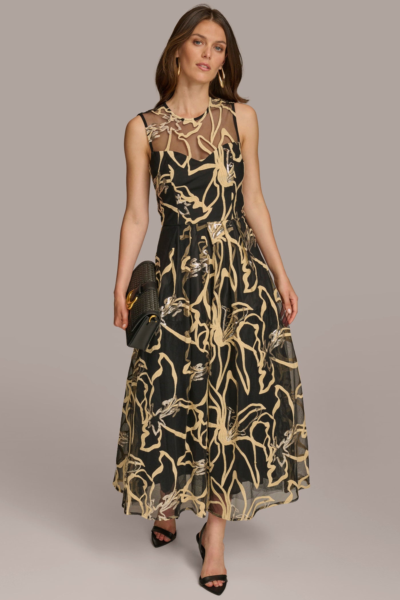 (image for) ELEGANT ILLUSION NECK EMBROIDERED A-LINE MIDI DRESS